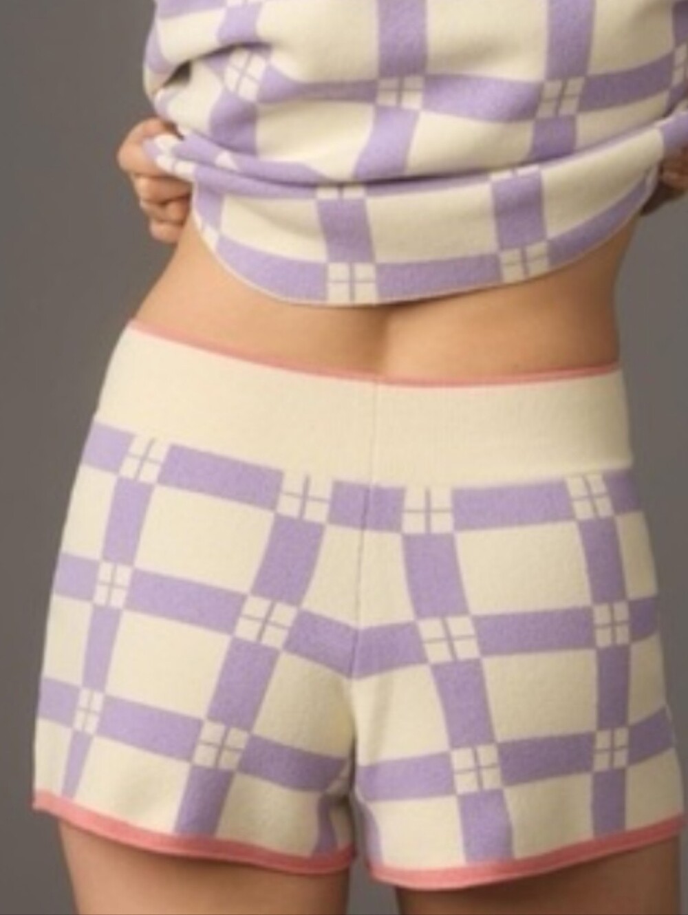 Anthropologie Daily Practice Cream & Purple Check Sweater Shorts Women's Medium - Picture 5 of 10